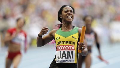 Jamaica's Shelly-Ann Fraser-Pryce shown after winning the 4x100m relay in Moscow for the 2013 Athletics World Championships. Anja Niedringhaus / AP / August 18, 2013