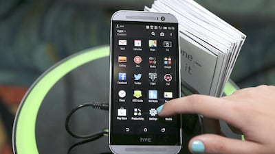 The HTC One M8 on display during its launch event in Dubai on April 2, 2014. Sarah Dea / The National