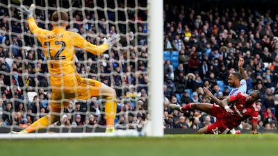 Manchester City's second-half substitute Raheem Sterling hits the crossbar. AP