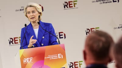 Ursula von der Leyen, President of the European Commission, speaks at the French employers' federation (Medef) summer conference at Roland Garros, Paris. EPA