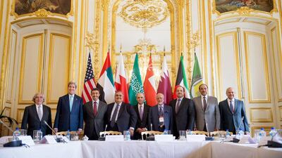 U.S. Secretary of State John Kerry (2nd L) poses for members of the media with foreign ministers of the Gulf Cooperation Council as they meet to discuss Middle East concerns about an emerging nuclear deal with Iran, at the Chief of Mission Residence in Paris, France, May 8, 2015. REUTERS/Andrew Harnik/Pool