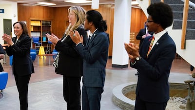 US Vice President Kamala Harris meets Gloria Johnson, Justin Jones and Justin Pearson at Fisk University in Nashville, Tennessee, on April 7, 2023. AP