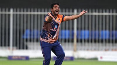 MGM's Asif Khan bowls in the Sharjah Ramadan Cup game