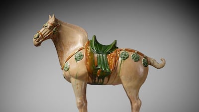 Bactrian Horse, Tang Dynasty, China, 700-800: The development of the “Silk Roads” – terrestrial links between Asia and Europe – led to a centuries-long trading of ideas and artistic techniques across continents. One of the earliest beneficiaries of this was the Chinese empire of the Tang dynasty (618-907), which imported many exotic products, including glass, ivory and pearl, from Central Asia. The influence of this can be seen in the funerary figurines – or mingqi – which accompanied the dead when they were buried.