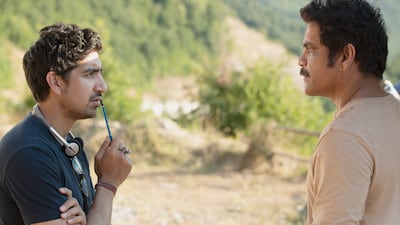 Director Ayan Mukerji with Nagarjuna Akkineni on set.