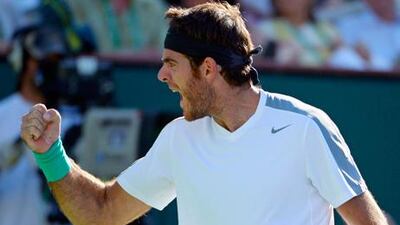 Juan Martin del Potro celebrates his win over Novak Djokovic at Indian Wells.