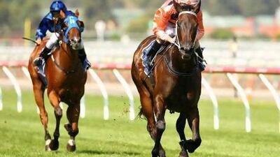 Luke Nolen riding Black Caviar wins the Coolmore Lightning Stakes.