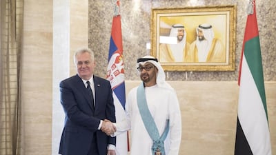 Tomislav Nikolic, President of Serbia, presents Sheikh Mohammed bin Zayed, Crown Prince of Abu Dhabi and Deputy Supreme Commander of the Armed Forces, with The Order of the Republic of Serbia medal during a meeting at Al Shati Palace. Ryan Carter / Crown Prince Court - Abu Dhabi