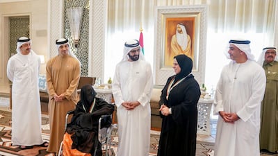 Sheikh Mohammed bin Rashid, Prime Minister and Ruler of Dubai, gives Sheikha Al Nuaimi and her mother the Prime Minister's Award. Seen with Sheikh Saif bin Zayed, Deputy Prime Minister and Minister of Interior, Sheikh Mansour bin Zayed, Deputy Prime Minister and Minister of Presidential Affairs, Sheikh Abdullah bin Zayed, Minister of Foreign Affairs and International Co-operation, and Sheikh Hamdan bin Rashid, Minister of Finance. Wam
