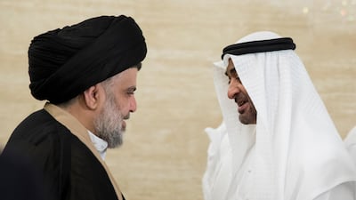 Sheikh Mohamed bin Zayed, Crown Prince of Abu Dhabi and Deputy Supreme Commander of the UAE Armed Forces, receives Iraqi Shiite cleric Moqtada Al Sadr before a meeting at Al Shati Palace on August 13, 2017. Ryan Carter / Crown Prince Court - Abu Dhabi
