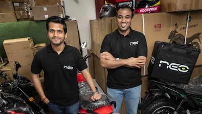 Anish Garg, co-founder and chief operating officer, and Abhishek Shah, co-founder and chief executive of Neo Mobility. Antonie Robertson / The National
