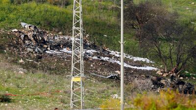 A picture taken in the northern village of Harduf on February 10, 2018, shows the remains of an Israel F-16 that crashed after coming under fire by Syrian air defences during attacks against "Iranian targets" in the war-torn country. Jack Guez / AFP