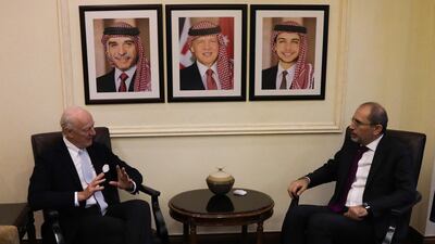 Outgoing United Nations envoy for Syria Staffan De Mistura speaks during a meeting with Jordan Foreign Minister Ayman Safadi. EPA