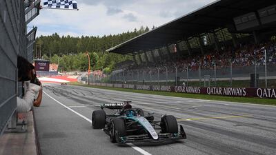 George Russell crosses the finish line to win in Austria. AFP