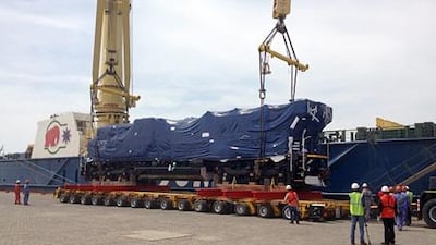 The first two of Etihad Rails' seven locomotives are unloaded at Mussafah Port. WAM