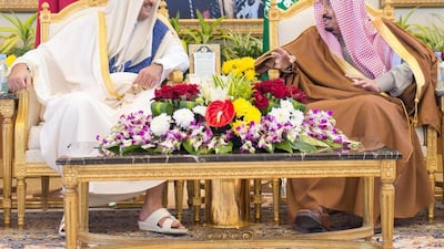 Saudi King Salman meeting Qatari Emir Tamim Al Thani before the opening session of 2015's GCC summit in Riyadh. EPA