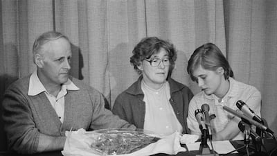 Yvonne Fletcher's parents, Tim and Queenie, with one of her sisters at a press conference the day after her death