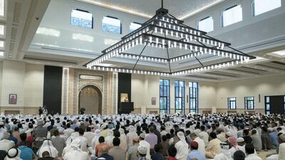 Worshippers join the Abu Dhabi Royal Family at Sultan bin Zayed The First mosque. Hamad Al Mansouri / Ministry of Presidential Affairs