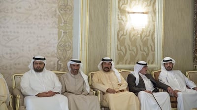 From left to right, Sheikh Mohammed bin Hamad Al Sharqi, Crown Prince of Fujairah, Sheikh Nahyan bin Zayed, Chairman of the Board of Trustees of Zayed bin Sultan Al Nahyan Charitable and Humanitarian Foundation, Sheikh Saeed bin Mohammed, Khalaf Al Otaiba and Sheikh Hamdan bin Mubarak, offer condolences to the family of Sheikh Hamdan bin Rashid bin Hamdan bin Mohammed Al Nahyan. Mohamed Al Hammadi / Crown Prince Court - Abu Dhabi