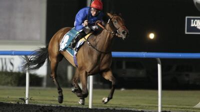 Shuruq, here with jockey Paul Hanagan aboard, will be carrying jockey Silvestre de Sousa in the Godolphin MIle on Saturday as part of the Dubai World Cup night at Meydan Racecourse. Jeffrey E Biteng / The National