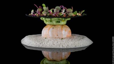 Langoustine, leek and smoked goose agnoletti, brown onion emulsion and buckwheat