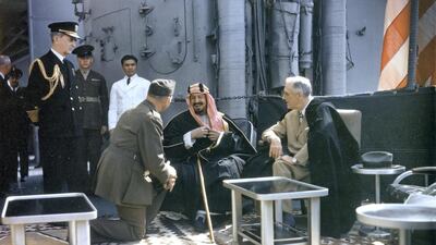 Aboard the USS Quincy in 1945, King Abdul Aziz Ibn Saud of Saudi Arabia with US President Franklin D Roosevelt. National Archives /Interim Archives/ Getty Images