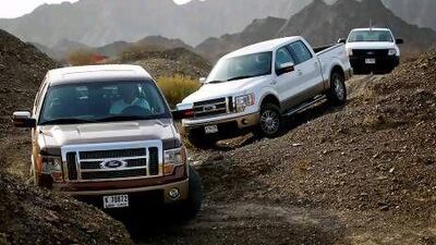 A convoy of Ford F-150s gets to grips with the jagged, rocky terrain of the Hajar mountains. The 4x4s were more than capable of handling seemingly impassible stretches along the route. Photos courtesy of Ford