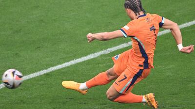 Netherlands forward Xavi Simons rifles in the opening goal. AFP