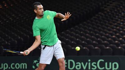 Team Australia's Nick Kyrgios returns the ball during a practice session prior to the Davis Cup World Group tennis semi-final in Brussels. Geert Vanden Wijngaert / AP Photo
