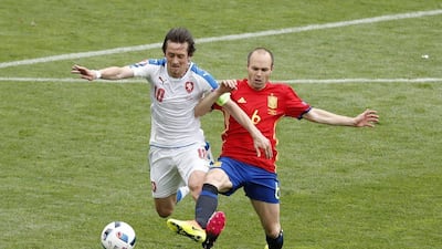 Czech Republic’s Tomas Rosicky in action with Spain’s Andres Iniesta during their Euro 2016 match in Toulouse. Vincent Kessler / Reuters