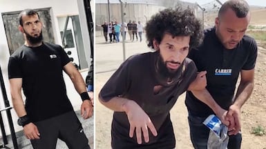 Left, Palestinian Moazaz Obaiyat trains in a gym before his arrest; right, a screengrab shows him leaving an Israeli jail near Hebron, in the occupied West Bank, in 2024. Saddam Obaiyat; Reuters