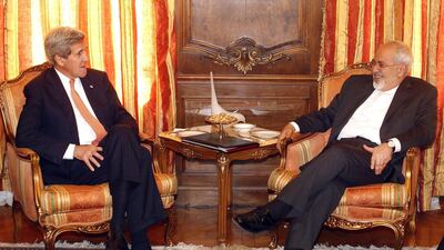 The US secretary of state John Kerry. left, with Iran's foreign minister Mohammad Javad Zarif in New York. Jason DeCrow / EPA