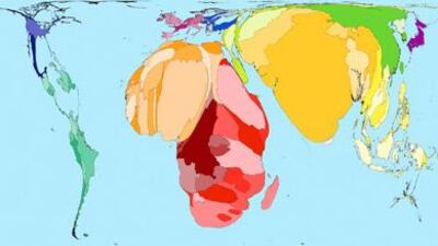 On this map, the territories are sized in proportion to the number of people in each country who died from diseases classified by the World Health Organization as "easily preventable".