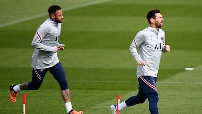 Neymar and Lionel Messi during PSG training. AFP