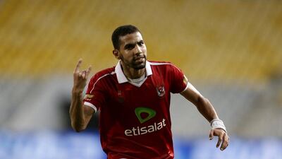 Al Ahly player Moamen Zakaria celebrates after scoring his second goal against Cairo rivals Zamalek in the Egyptian Premier League on Tuesday. Amr Abdallah Dalsh / Reuters