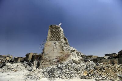 The destroyed Al Hadba minaret at the Al Nuri Mosque. Reuters