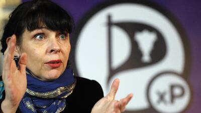 Birgitta Jonsdottir of Iceland’s Pirate Party speaks to reporters in Reykjavik on October 30, 2016, a day after parliamentary elections in which her party placed third behind the Independence Party and the Left-Green Movement. Frank Augstein / AP Photo