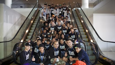 Part of the UAE Junior Jiu-Jitsu National Team gather for an informal pose in the lobby of the Hyatt Regency in Long Beach, California on Thursday, October 16, 2014. Zachary Patton for The National