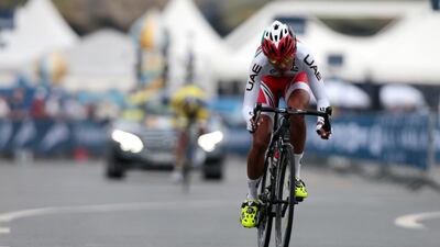 Yousif Mirza of UAE cycles during the first stage individual time trial of the Dubai Tour cycling race at the World Trade Center in Dubai on Wednesday. Christopher Pike / The National