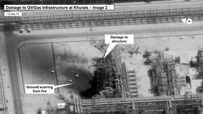 This image provided by the U.S. government and DigitalGlobe and annotated by the source, shows damage to the infrastructure at at Saudi Aramco's Kuirais oil field in Buqyaq, Saudi Arabia. The drone attack Saturday on Saudi Arabia's Abqaiq plant and its Khurais oil field led to the interruption of an estimated 5.7 million barrels of the kingdom's crude oil production per day, equivalent to more than 5% of the world's daily supply. AP