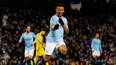 Gabriel Jesus celebrates scoring Manchester City's fifth goal to complete his hat-trick. REUTERS