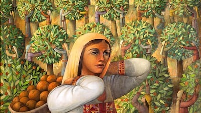 ‘Yaffa’, 1979, by Sliman Mansour shows bountiful trees, typical of Palestinian paintings in the 1970s. The woman in embroidery represents the motherland. Courtesy Sliman Mansour and Yvette and Mazen Qupty Collection