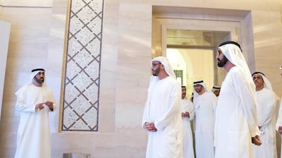 President Sheikh Mohamed, who was Crown Prince of Abu Dhabi and Deputy Supreme Commander of the Armed Forces at the time, and Sheikh Mohammed bin Rashid, Vice President and Ruler of Dubai, speak with Mohammed Mubarak Al Mazrouei, Undersecretary of the Abu Dhabi Crown Prince's Court, during the National Experts Programme graduation ceremony at Qasr Al Watan in 2019. All photos: Ministry of Presidential Affairs