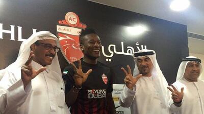 Ghanaian footballer Asamoah Gyan is introduced at Al Ahli on Sunday. John McAuley / The National