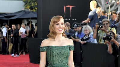 Jessica Chastain, in a green off-shoulder Zuhair Murad gown, arrives at the 'It Chapter Two' premiere on August 26, 2019 in Westwood, California. AFP