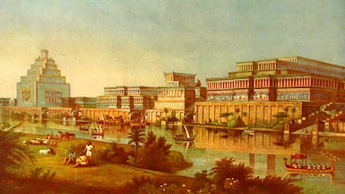 Nineveh depicted at the height of Assyrian power when it was the capital of the Neo-Assyrian Empire