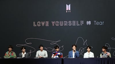 Members of K-pop boy group BTS, also known as the Bangtan Boys, hold a press conference in Seoul, South Korea. EPA