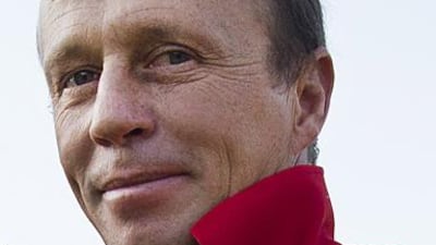 Ernst Oertel, horse trainer, with Battle of Marengo in Al Asayl Equestrian club in Abu Dhabi. Mona Al Marzooqi / The National