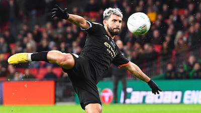 City's Sergio Aguero during the Carabao Cup final win over Aston Villa in March 2020. EPA