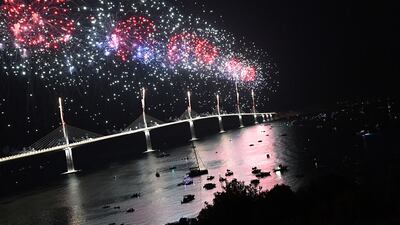 Fireworks explode as part of the opening ceremony of the newly built Peljesac Bridge in Komarna. It connects the central mainland and southern parts of the Croatian Adriatic coast to the Peljesac peninsula. AFP